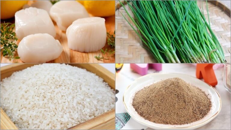 Những nguyên liệu dùng để chế biến món cháo sò mai bao gồm hành lá, hành khô và gạo tẻ dễ tìm kiếm ở các siêu thị
